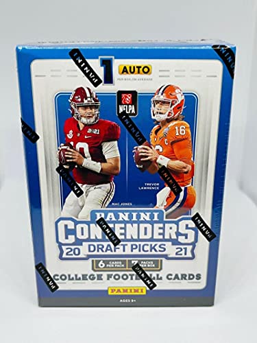 2021 Panini Contenders Draft Picks Collegiate Football Factory Sealed Box 42 Cards includes 1 Auto / Autograph Per Box On Average. Chase Rookie Cards of Trevor Lawrence (1st Overall Pick to Jacksonville), Zach Wilson (2nd to New York Jets), Trey Lance (3r