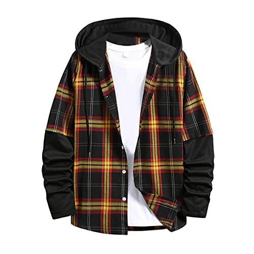 WUAI-Men Plaid Flannel Hoodie Jacket Long Sleeve Casual Button Up Quilted Buffalo Thermal Sweatshirt Fall Winter Outwear(Black,Large)