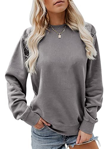 Womens Casual Crewneck Sweatshirts Long Sleeve Loose Fit Soft Pullover Tops Grey
