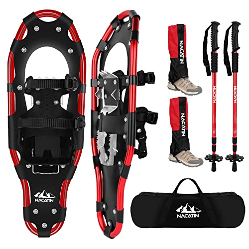 NACATIN Lightweight Snowshoes for Women Men Youth Kids with Trekking Poles,Leg Gaiters,Carry Bag，Aluminum Alloy Snow Shoes with Heel Lift and Adjustable Ratchet Bindings，21″/ 25″/ 30″