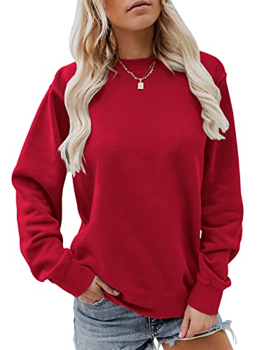 Womens Casual Crewneck Sweatshirts Long Sleeve Loose Fit Soft Pullover Tops Red
