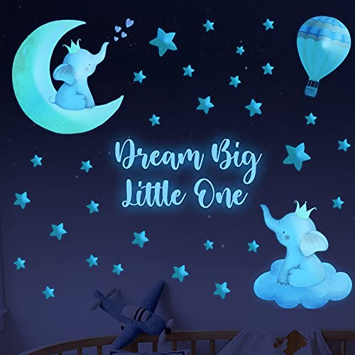 Elephant Wall Stickers Glow in The Dark Elephant Decal Baby Dream Big Little One Boy Nursery Room Wall Decor Quote Wall Stickers Large Watercolor Animal Decal for Kids Girl Bedroom Playroom Wall Decor