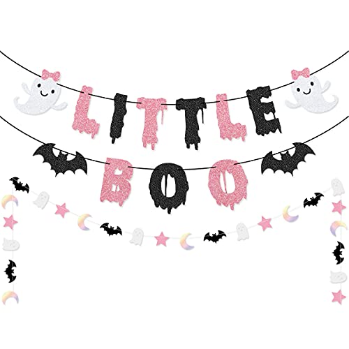 Little Boo Banner Moon Bat Ghost Star Garland for Halloween Girl Baby Shower Pink Black Girl Halloween Party Decorations