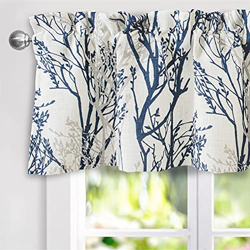 DriftAway Tree Branch Linen Blend Abstract Ink Printing Lined Thermal Insulated Window Curtain Valance Rod Pocket 52 Inch by 14 Inch Plus 2 Inch Header Blue
