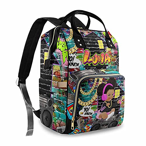 Personalized Name Diaper Bag Backpack with Hip Hop for Mom and Dad, Custom Graffiti Retro Music Baby Bags for Newborn Afican/American Boys & Girls Daycare Bag, Baby Backpack for Mom Gift