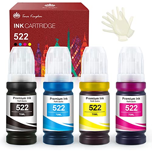 Toner Kingdom Compatible 522 Ink Bottle Refill High Capacity T522 Refill Ink Bottle for ET-2720 ET-4700 Printer (4 Pack, Black, Cyan, Magenta, Yellow)