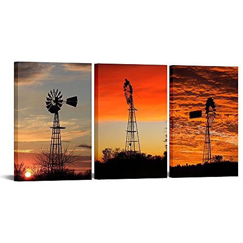 VANSEEING 3 Pieces Farmhouse Canvas Wall Art Windmill in Beautiful Sunset Wall Decor Natural Landscape Painting Prints Stretched and Framed for Living Room Bedroom 16x24inchx3pcs