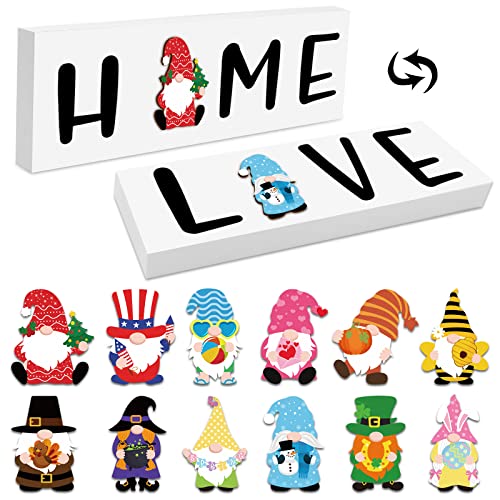 Valentine’s Day Interchangeable Home Love Sign, Seasonal Holiday Wood Decor with 12 PCS Magnet Gnome Pieces Double-Sided Gnome Decorative Tiered Tray Decoration Winter Easter Spring Housewarming Gift