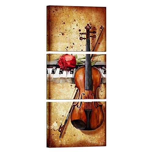 Artsbay Music Wall Art Decor Vintage Violin Leaning on Piano with Rose Picture Canvas Print Modern Classical Music Musical Instrument Art Decor for Wall Bedroom Studio Classroom Home Living Room Decor