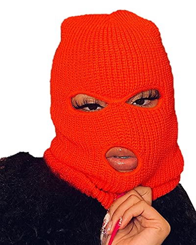 3-Hole Knitted Full Face Cover Colored Ski Mask Cycling Outdoor Pullover Hat Adult Winter Balaclava Wool Hat (Orange, One Size)