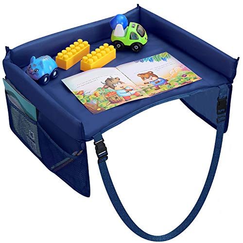 Kids Travel Tray, Waterproof Car Seat Tray for Toddler, Baby Carseat Tray Snack Table with Storage Pockets (Blue)