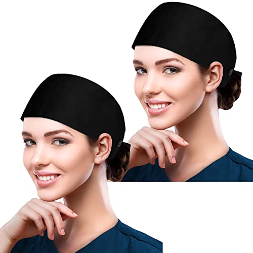 Fesciory Adjustable Working Caps with Button & Sweatband, Elastic Bandage Tie Back Hats for Women(Black+Black)