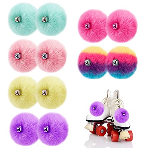 Roller Skate Pom Poms with Bells – 12pcs Tie-on Ice Skate Pompom Puff Balls, Fluffy Faux Rabbit Fur Quad Roller Skate Accessories with Shoelace for Women Girls Kids Adult (3.1″, 6Colors)