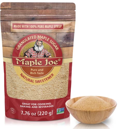 Maple Joe Pure Maple Sugar Granulated, Made With 100% Grade A Maple Syrup. Powdered Maple Sugar For Cooking & Baking. White Or Brown Sugar Substitute. Fat Free, Non-GMO, Gluten Free & Vegan. 7.8 oz /220g