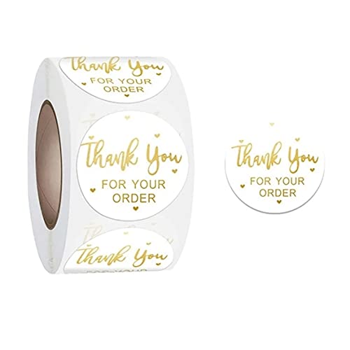 FoxYaye Thank You Stickers 1 Inch 30pcs – Colorful Flowers Durable, Small Business Envelope Stickers, Flowery Craft Cute Geometric Heart Great Taste Watercolor (White/Gold Thank You)