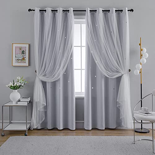Anytime Romantic Kids Curtain,Hollow-Out Stars Window Curtain Double Layer Blackout Curtains for Girls Bedroom Kids Room 2Panel,(W52 x L84,Greyish White)