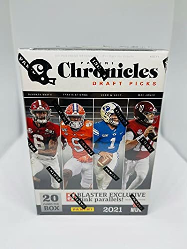 2021 Panini Chronicles Draft Picks Collegiate Football Factory Sealed Blaster Box 20 Cards includes 3 Pink Parallels, 4 Rookies and Stars. Chase Rookie Cards of Trevor Lawrence (1st Overall Pick to Jacksonville), Zach Wilson (New York Jets), Trey Lance (3