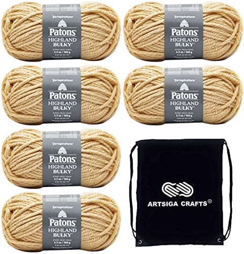 Patons Highland Bulky Yarn Ochre 244713-13007 (6-Skeins) Same Dye Lot Weight S Bulky #6 Soft 75% Acrylic, 25% Wool Bundle with 1 Artsiga Craft Bag