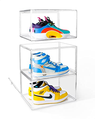 Clear Shoe Boxes Stackable, 3 Pack Shoe Box with Magnetic Door, No Pattern At All Full Clear Shoe Storage for Sneakerheads, Block of UV Protect your Shoes
