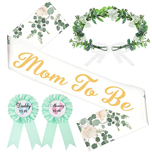 4 Pieces Flowers Leaves Mom to Be Sash Neutral Sage Green Crown Kit Include Gold Glitter Letters Sash, Mom to Be & Dad to Be Corsage and Headband Keepsake Decoration (Leaf Style)