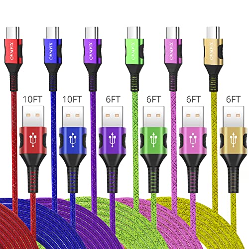XIAWAO Type C Charger Cable Fast Charging [6-Pack 10ft+6ft], Matte Nylon Braid USB A to USB C Cable,Phone Fast Charger Type C Cable for Samsung Galaxy S10 S9 S8 Note10 9 8 LG V50 V40 G8 G7.