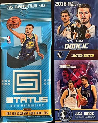 2018-19 Panini STATUS Factory Sealed Basketball Card FAT Value Pack w/15 Cards – Chance for LUKA DONCIC Rookie, Autograph Cards and Aqua Parallels – Plus Custom Luka Cards in Picture