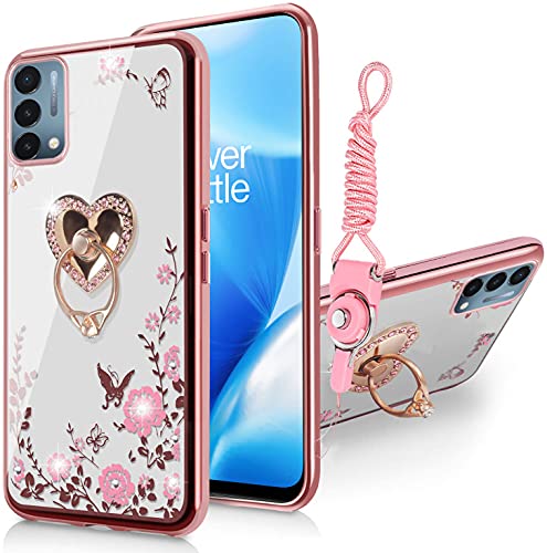 B-wishy for Oneplus Nord N200 5G Case for Women, Glitter Crystal Butterfly Heart Floral Slim TPU Luxury Bling Cute Girls Cover with Ring Holder Stand+Strap for Oneplus Nord N200 5G (Rose Gold)