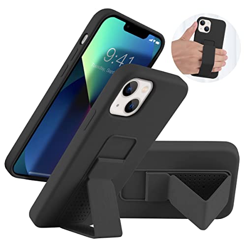 LAUDTEC Silicone iPhone 13 Case(6.1 in) with Stand/Kickstand,Vertical and Horizontal Stand Hand Strap Metal Kickstand Case for iPhone 13 (Black)