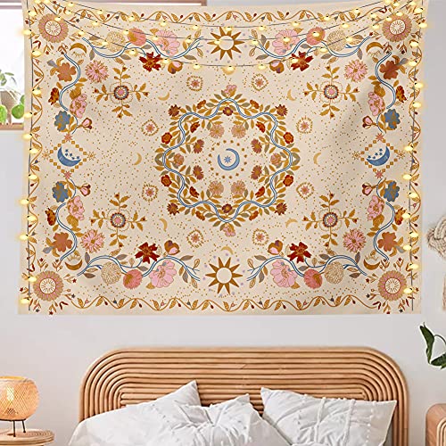 TTYQXZ Wall Tapestry Bohemian – Floral Vine Tapestry Wall Hanging Celestial Sun Moon and Star Tapestries Hippie Home Decor Boho Tapestry for Bedroom Aesthetic (Cream, Medium (50ʺx 60ʺ))