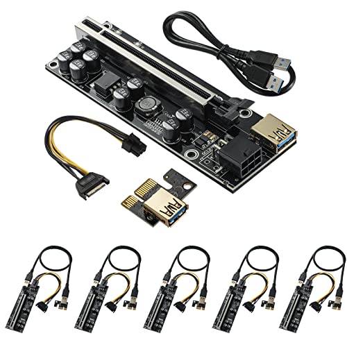 PCIE Riser Card 8 Capacitors,GPU Extender Riser Card for Bitcoin Litecoin ETH Ethereum Mining,with 60 cm USB 3.0 Extension Cable & 6PIN SATA Power Cable (V009s-PLUS,6 Pack)