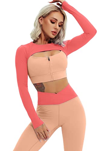 QINSEN Yoga Outfit for Women Long Sleeve 2 Piece Winter Workout Crop Tops Wrap Front High Waist Leggings Sets Pink S