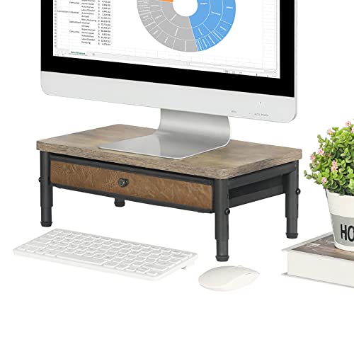 LUMAMU Wood Monitor Stand Riser with Drawer, 15.7×9.4 Inch Computer Monitor Stand for Desk, 3 Height Adjustable Desktop Stand with Storage for Computer Laptop PC iMac Printer