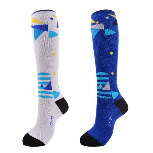 Kids Ski Socks Skiing Snowboard Socks for Boys and Girls, Skating Outdoor Socks (2Pack-Blue+White, Medium)