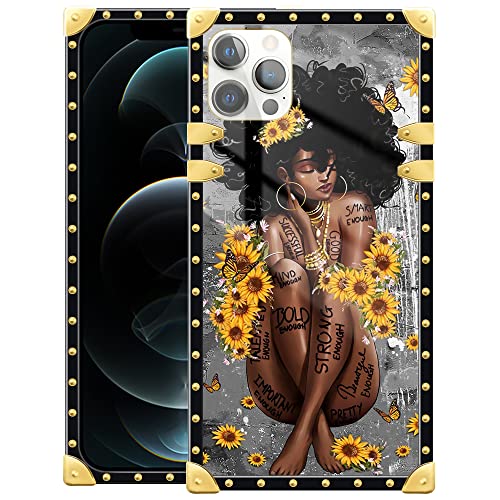 iPhone 13 Pro Max Case,Sexy Butterfly Sunflower Black Girl iPhone 13 Pro Max Cases Luxury Golden Decoration Square Soft TPU Shockproof Protective Hard PC Back Compatible with iPhone 13 Pro Max