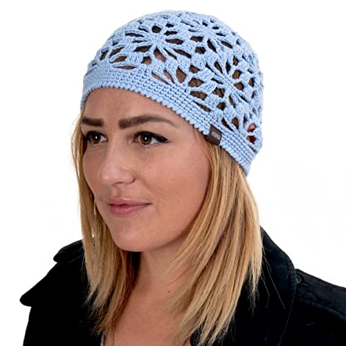 Hand Knit Crochet Beanies for Women | Breathable Soft Bamboo Cotton | Cooling Sleep Chemo Cap | Handmade (Babyblue-Floral)