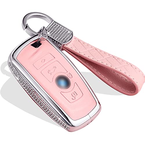 MUEKZRU for BMW Key Fob Cover,Key Cover Key Chain Bling Crystal Leather Key Fob Sleeve Chain Compatible for BMW1 2 3 4 5 6 7 Series X3 X4 M5 M6 GT3 GT5 (Version B-Pink)
