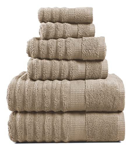 Luxury Ribbed Bath Towels – 100% Cotton Towels For Bathroom, Zero Twist, Soft Textured Shower Towels, Extra Absorbent, Quick Dry, 2 Bath Towels, 2 Hand Towels, 2 Wash Cloths – Taupe (6 Piece Set)