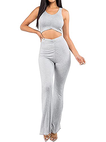2 Pieces Sleeveless Crop Top and Flare Pants Sets Heather Grey S