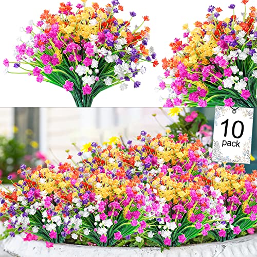 10pcs Artificial Fake Flowers, Plastic Flowers for Outdoors Decoration, UV Resistant Faux Flowers Shrubs, Artificial Plants for Indoor Outside Garden Home Wedding Farmhouse