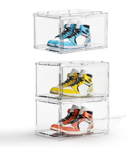 SneakerView Acrylic Clear Shoe Boxes – 360° Clear Plastic Stackable Sneaker Storage For Sneakerhead. Professional Grade Shoe Display Case .Boots and Hat Organizer.Fits US Size 15 – 3 pack