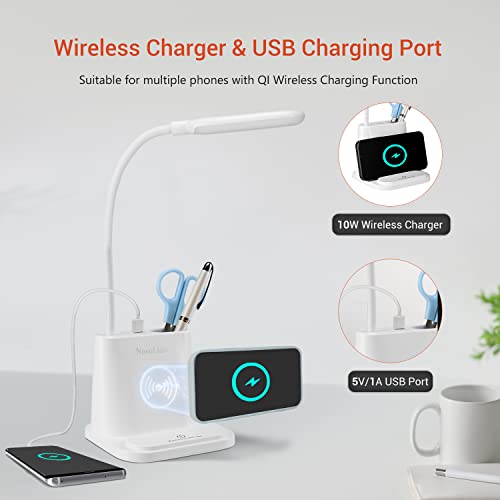 NovoLido LED Desk Lamp with Wireless Charger, Small Desk Light with 10W Quick Adapter, USB Charging Port, Pen Holder, Small Flexible Portable Lamp for Kids, Home, Office, Dorm, Bedside | The Storepaperoomates Retail Market - Fast Affordable Shopping