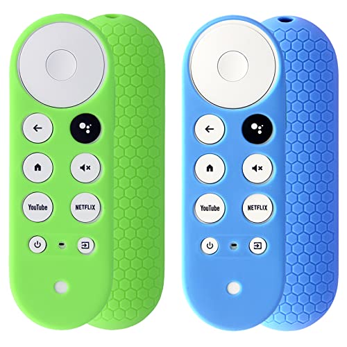 2pcs Remote Cover (Glow in The Dark) Compatible with 2020 Chromecast with Google TV Voice Remote, Pinowu Anti Slip Silicone Case Cover (Green and Blue)