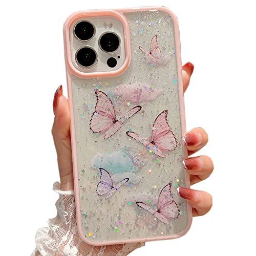 SUYACS iPhone 13 Pro Max Case Cute Glitter Butterfly Print iPhone 13 Pro Max Phone Cases for Women Girls Soft TPU Clear Sparkle Trendy Shockproof Bumper 5G 6.7 Inch (Pink)