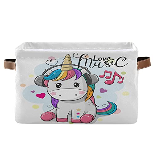 OREZI Rectangular Storage Bins with Handles,Collapsible Cute Rainbow Unicorn Laundry Hamper Storage Box for Toy Bins,Gift Baskets Bedroom,Clothes