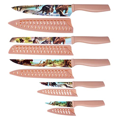 G.a HOMEFAVOR Knife Set, Chef Knives with Dinosaur Pattern, 5-piece Kitchen Knife Set Nonstick Coated with 5 Blade Guard, Gift Box Perfect as a Christmas gift