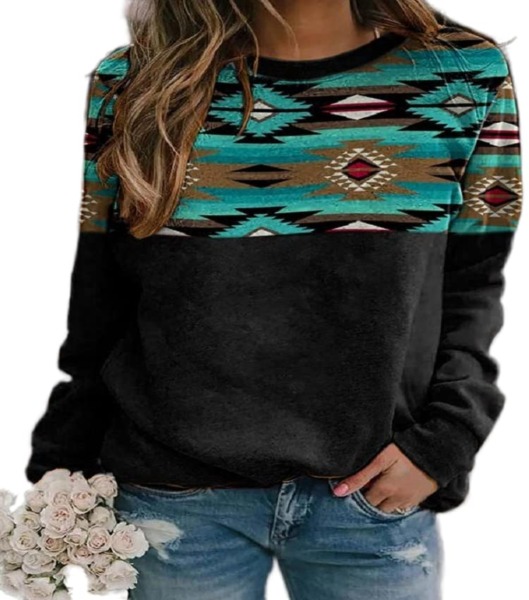 Akivide Women’s Aztec Print Western Style Shirts Vintage Graphic Long Sleeve Crewneck Sweatshirts Lightweight Tops (Black 8, Small)