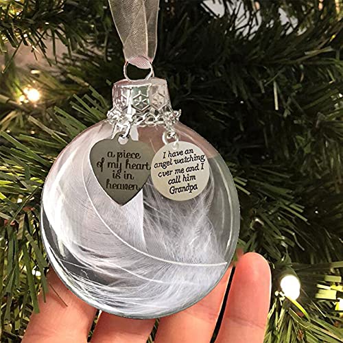 Clear Christmas Memorial Ornament Feather Ball, A Piece of My Heart is in Heaven, Christmas Tree Memorial Hanging Pendant Gift for Mom, Dad, Son, Daughter,Sister, Brother, Grandma, Grandpa 2.4”/60 mm