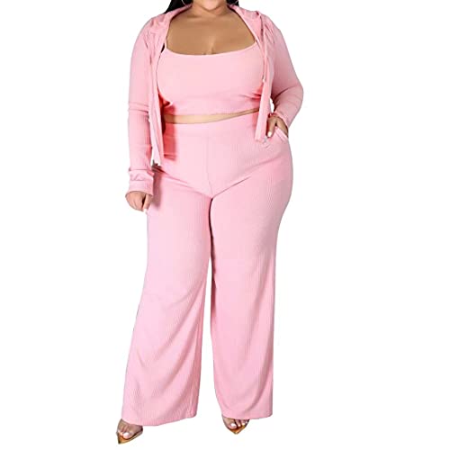 IyMoo 3 Piece Outfits for Women Sexy Plus Size – Crop Top Hoodie Jacket and Wide Leg Long Pant Jumpsuit Romper Set 240 Pink 3X