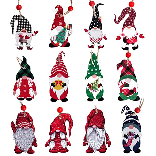 Sucrain 24 Pieces Christmas Gnomes Xmas Wooden Elf Decoration Hanging Ornaments Art Sets for Home Gifts Holiday