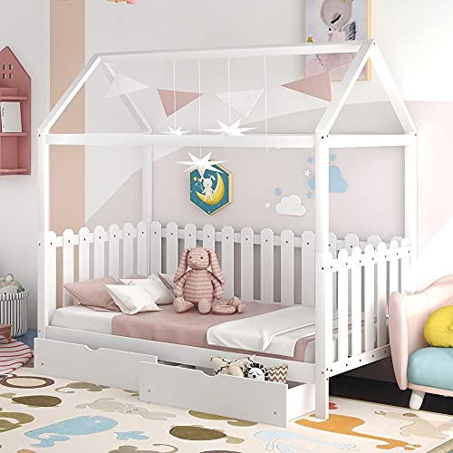 Daybed with Drawers Underneath, Twin Daybed Frame with Drawers, Play House Bed with Storage for Kids,White